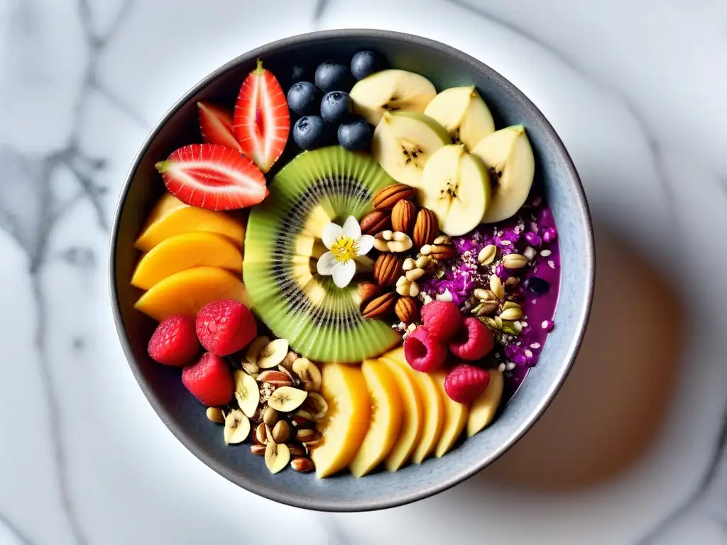 Un delicioso bowl vegano con frutas frescas, nueces, semillas y flores comestibles, para revistas digitales gastronomía vegana