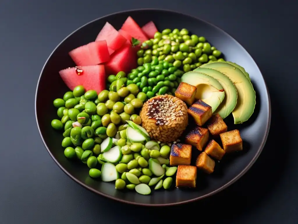 Un delicioso bowl vegano con ingredientes exóticos y coloridos, perfecto para un almuerzo inspirado en sabores asiáticos