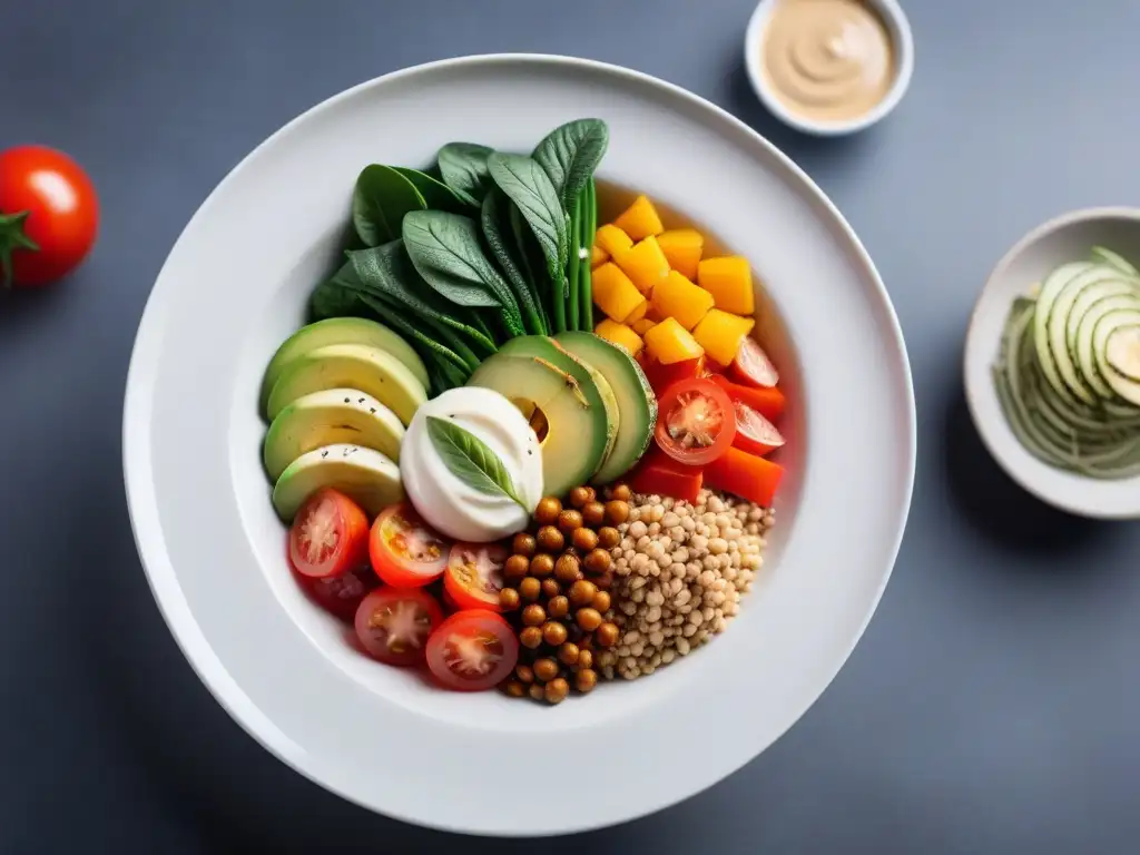 Delicioso bowl vegano con ingredientes frescos y coloridos, aderezado con tahini