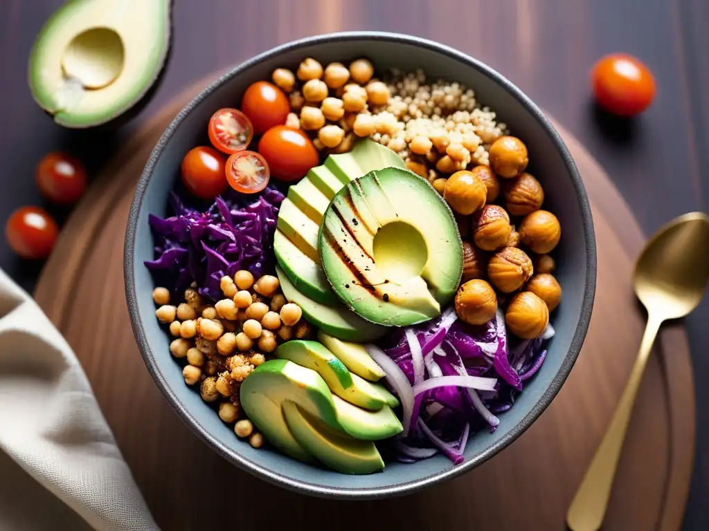 Un delicioso bowl vegano lleno de colores y texturas, con ingredientes frescos y una presentación artística en una mesa de madera clara