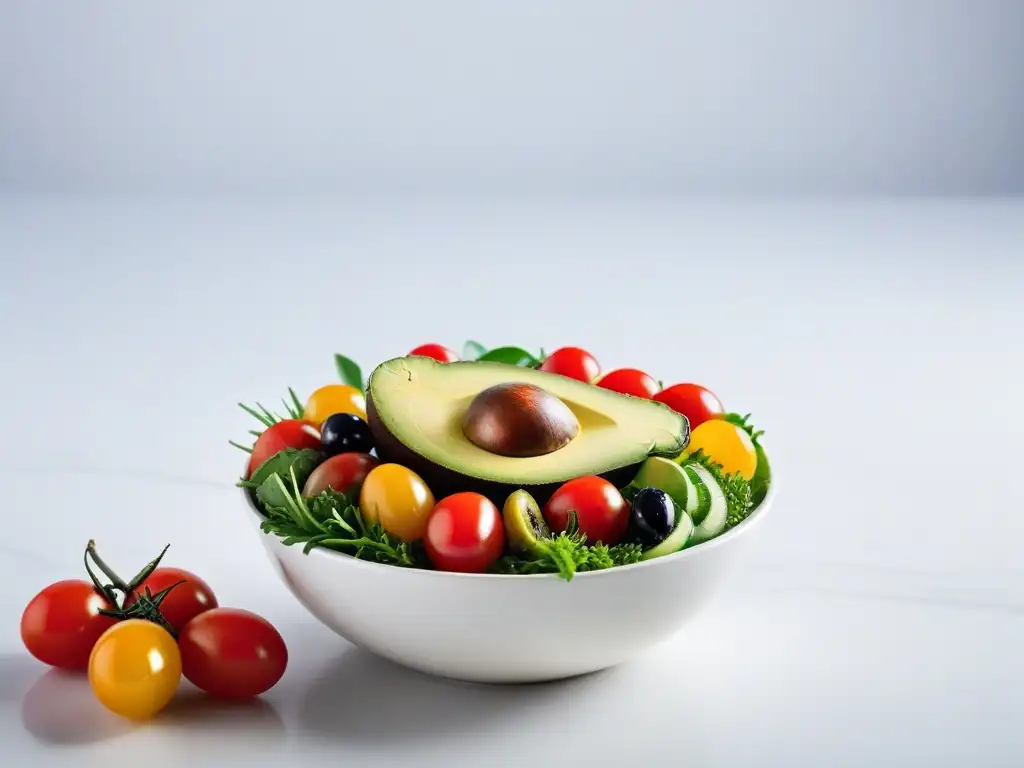 Delicioso bowl vegano mediterráneo con aguacate, tomates, pepino, aceitunas y aderezo de limón, sobre fondo moderno