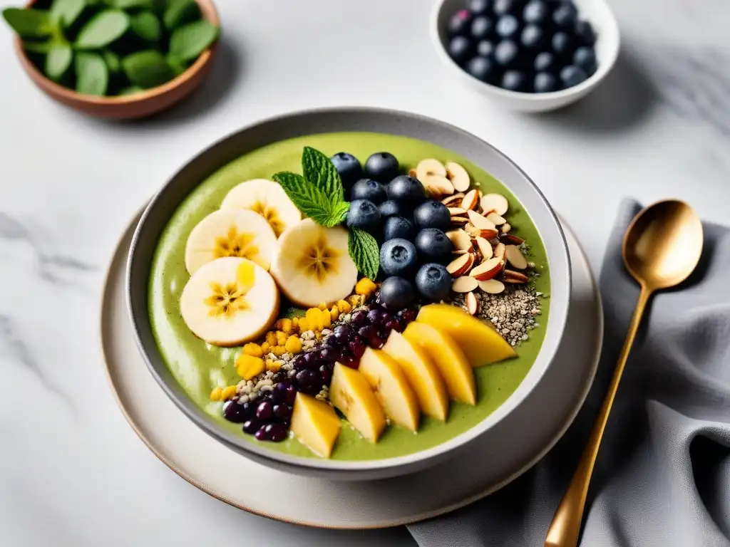 Delicioso bowl verde con jengibre, semillas de chía y arándanos en encimera de mármol, destacando los beneficios del jengibre en veganos