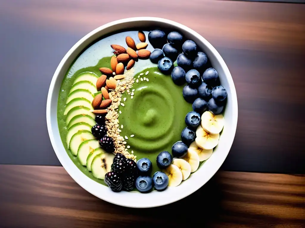 Un delicioso bowl verde de smoothie vegano con semillas de chía, arándanos y almendras