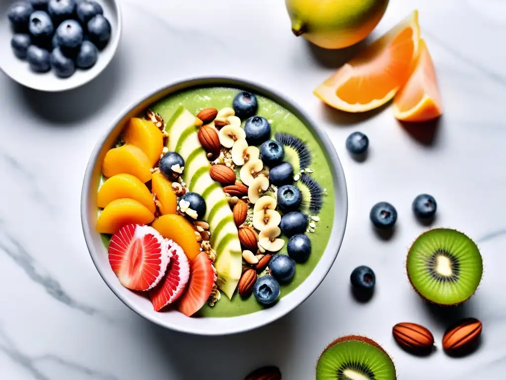 Un delicioso bowl verde vegano para huesos fuertes, con frutas, semillas y frutos secos variados sobre un elegante mostrador de mármol