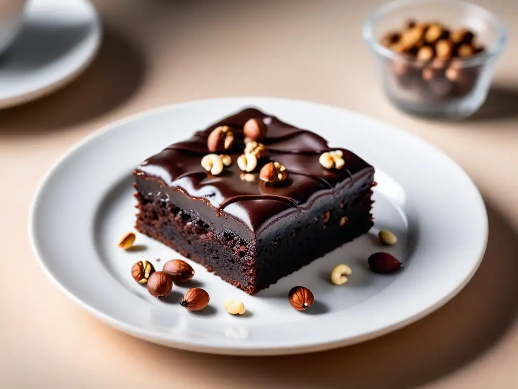 Delicioso brownie vegano con ganache de chocolate y nueces en plato minimalista