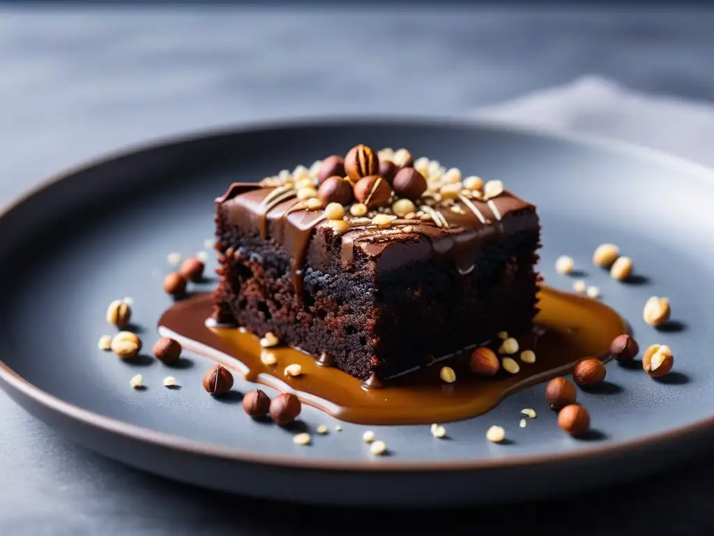 Delicioso brownie vegano con ganache de chocolate, avellanas y caramelo