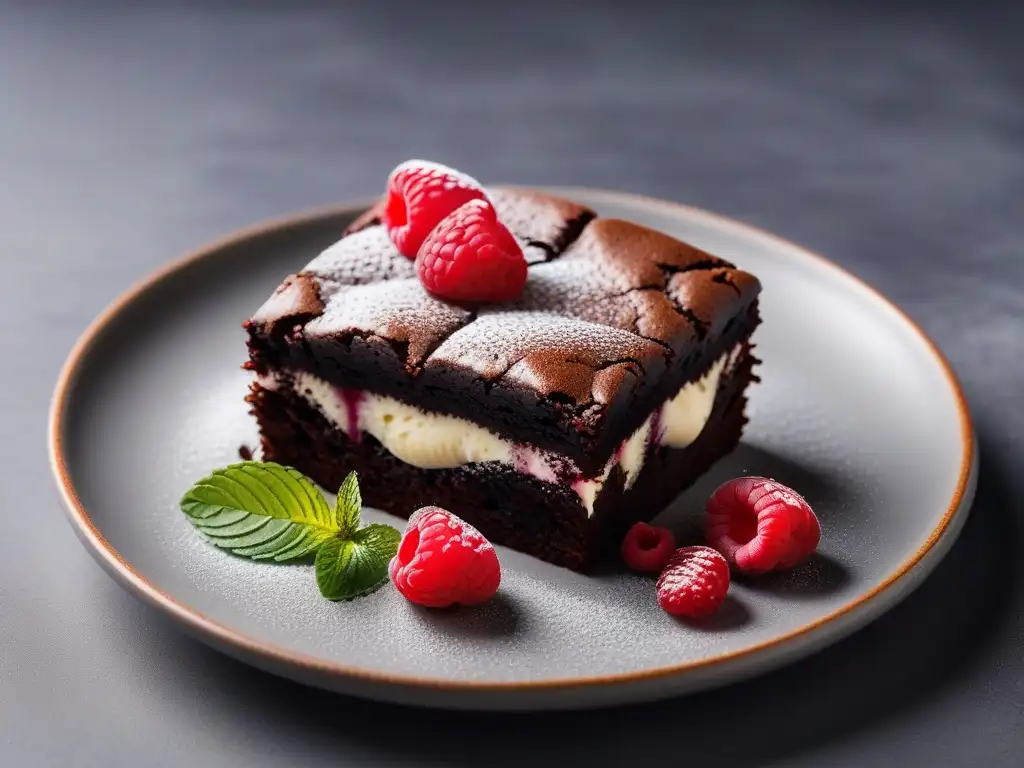 Delicioso brownie vegano sin gluten con helado de vainilla y frambuesas frescas, en un elegante plato blanco sobre fondo gris