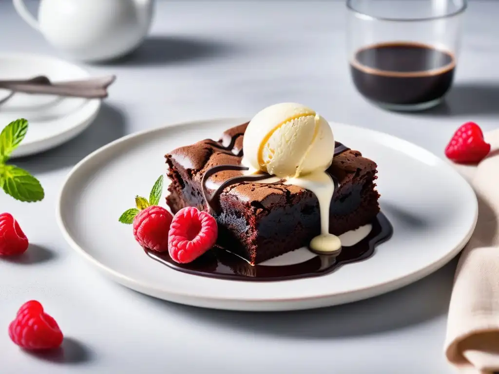 Delicioso brownie vegano con helado, salsa de chocolate y frambuesas en un plato blanco, en una cocina acogedora