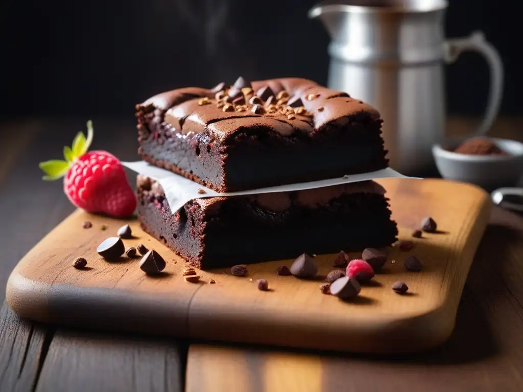 Delicioso brownie vegano recién horneado en una mesa rústica con cacao y frambuesas frescas