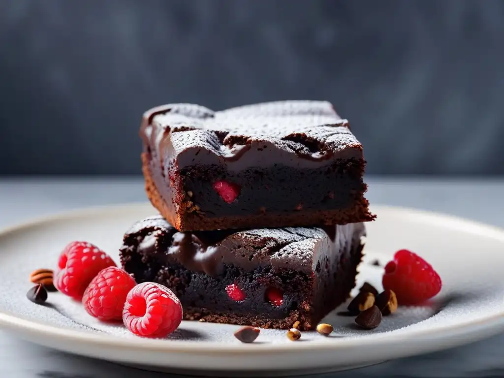 Delicioso brownie vegano recién horneado con polvo de azúcar, frutos secos y frambuesas