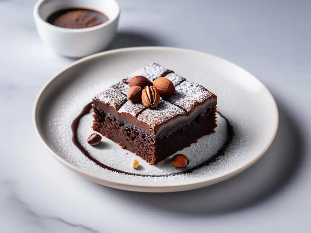 Delicioso brownie vegano con salsa de chocolate, nueces y cacao en un elegante plato blanco, receta brownies veganos deliciosos