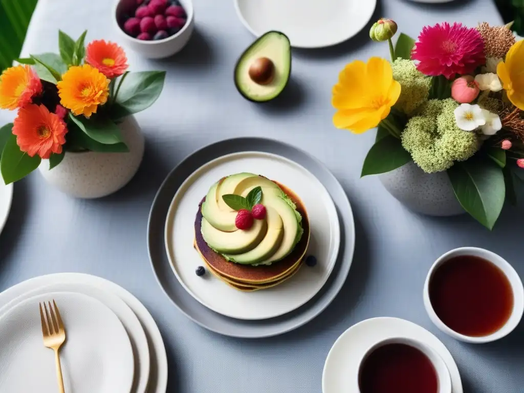 Delicioso brunch vegano organizado con elegancia y colores vibrantes en una mesa moderna