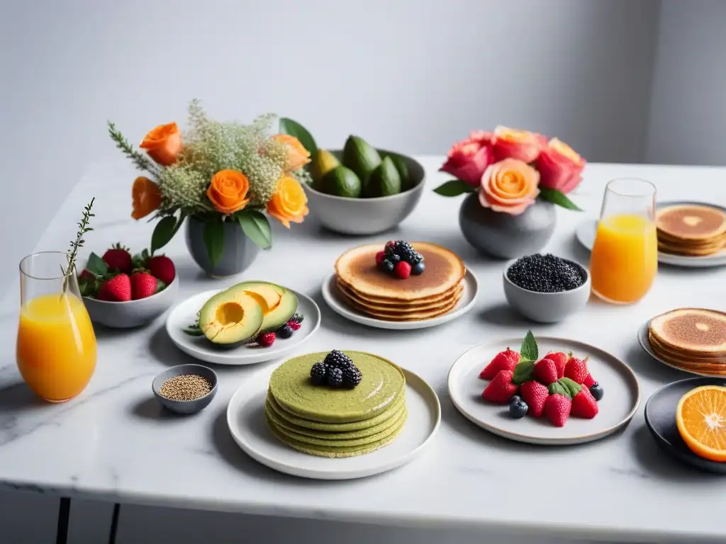 Delicioso brunch vegano organizado con elegancia en mesa de mármol moderna