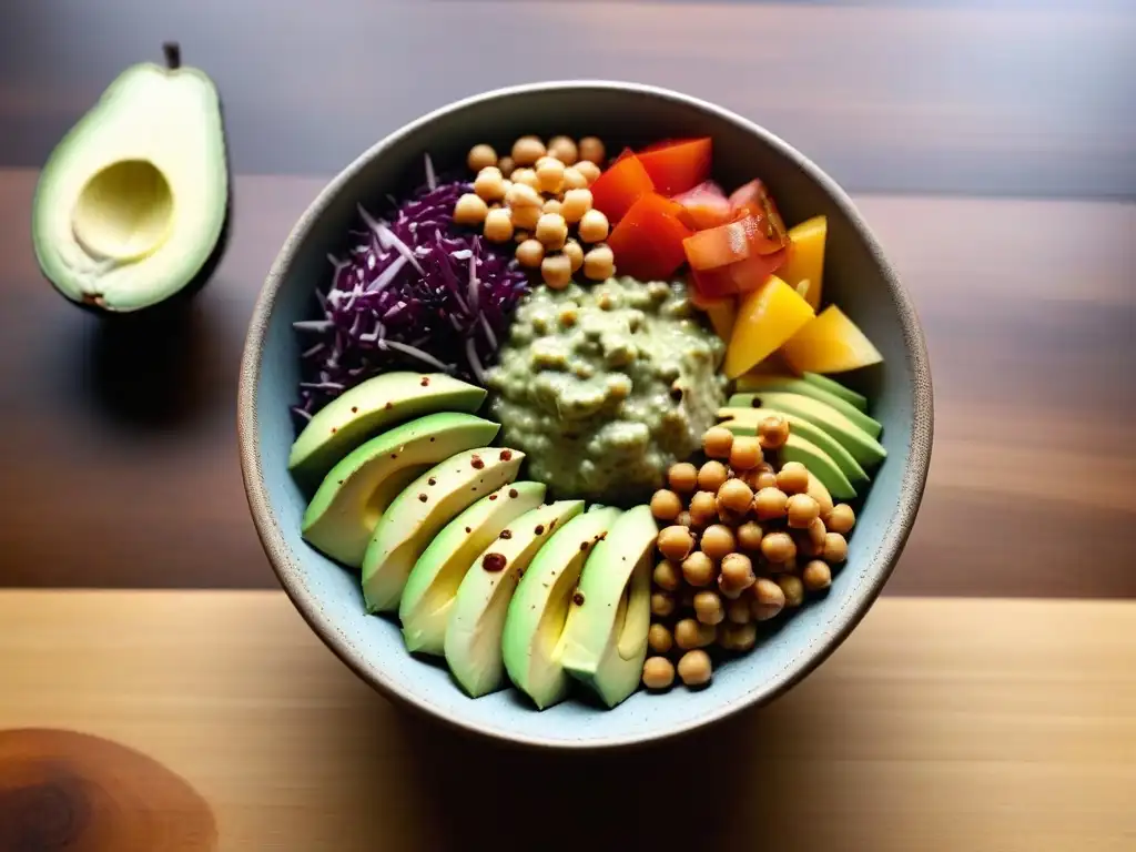 Delicioso Buddha bowl vegano con aguacate, perfecto para aprender cómo incorporar aguacate en recetas veganas