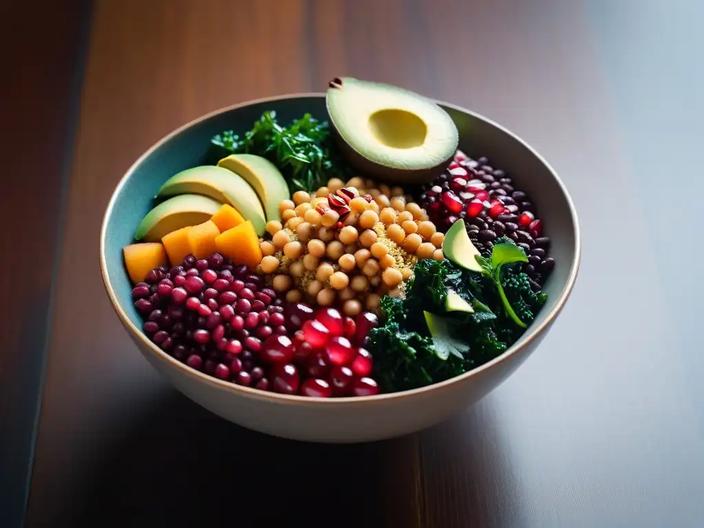 Delicioso Buddha bowl vegano con superfoods: quinoa, aguacate, kale, batata, granada y garbanzos, en una presentación vibrante y saludable