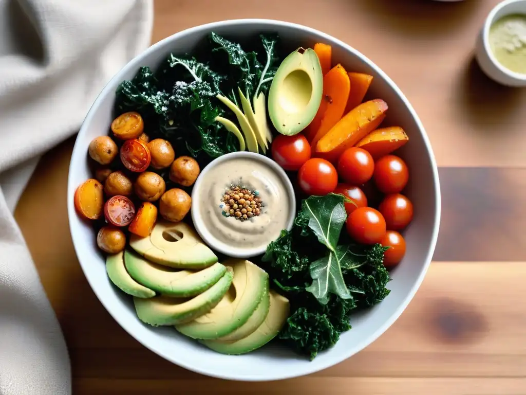 Delicioso Buddha bowl vegano con ingredientes de temporada, vibrante y colorido, en un tazón blanco sobre mesa de madera