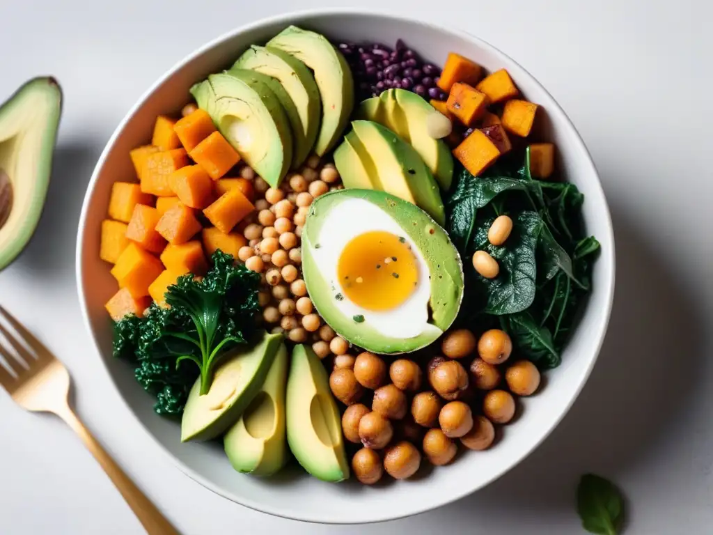 Delicioso Buddha bowl vegano con Omega3 en plato blanco, mostrando frescura y color