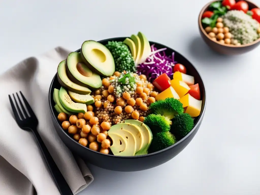 Delicioso Buddha bowl vegano sin gluten: variedad de vegetales frescos, quinoa, aguacate y garbanzos en un plato negro elegante