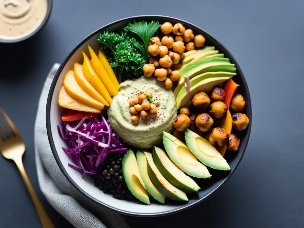 Delicioso Buddha bowl vegano con vegetales asados, quinoa, aguacate, garbanzos crujientes y aderezo de tahini