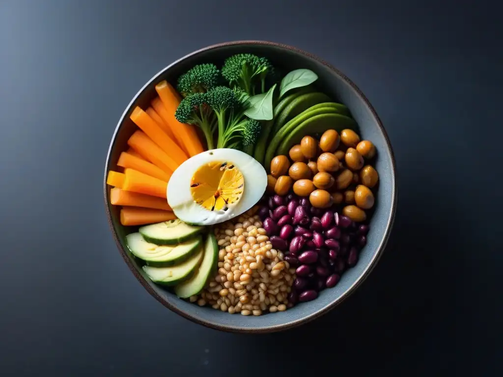 Un delicioso Buddha bowl vegano con ingredientes frescos y coloridos, en una cocina moderna