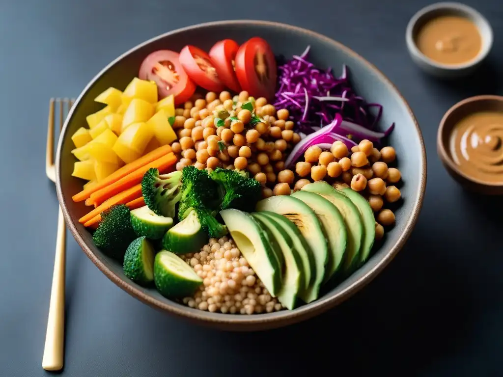 Delicioso Buddha bowl vegano con salsa de cacahuate, ingredientes frescos y coloridos en una presentación moderna