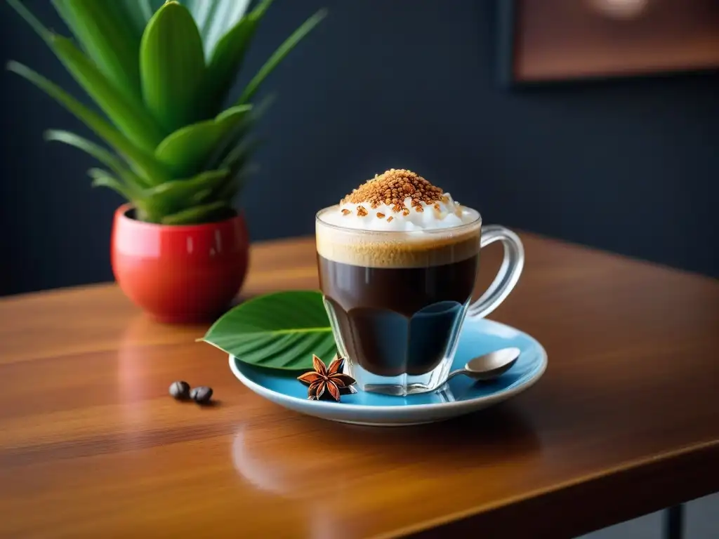 Un delicioso café de coco vietnamita en un café moderno, representando la fusión cultural en bebidas veganas del sudeste asiático