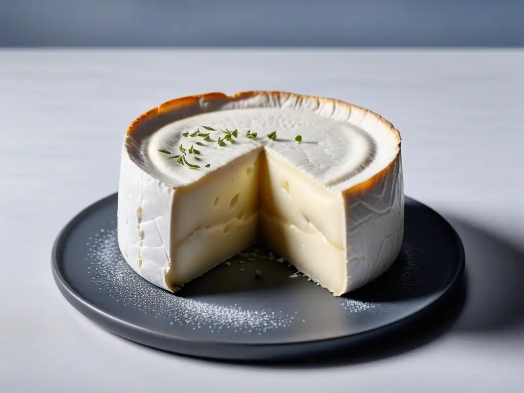 Delicioso Camembert vegano casero con textura cremosa y moho azul y gris, en un elegante fondo moderno