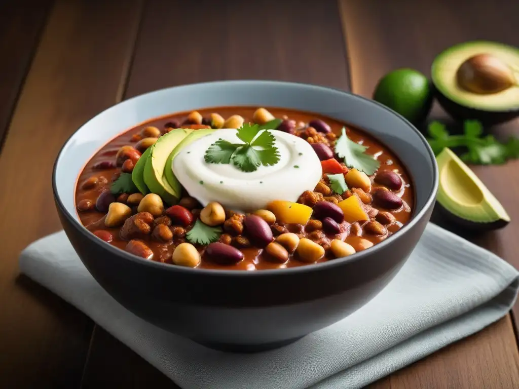 Delicioso chili con carne vegano en un bol de cerámica, con aguacate y cilantro fresco