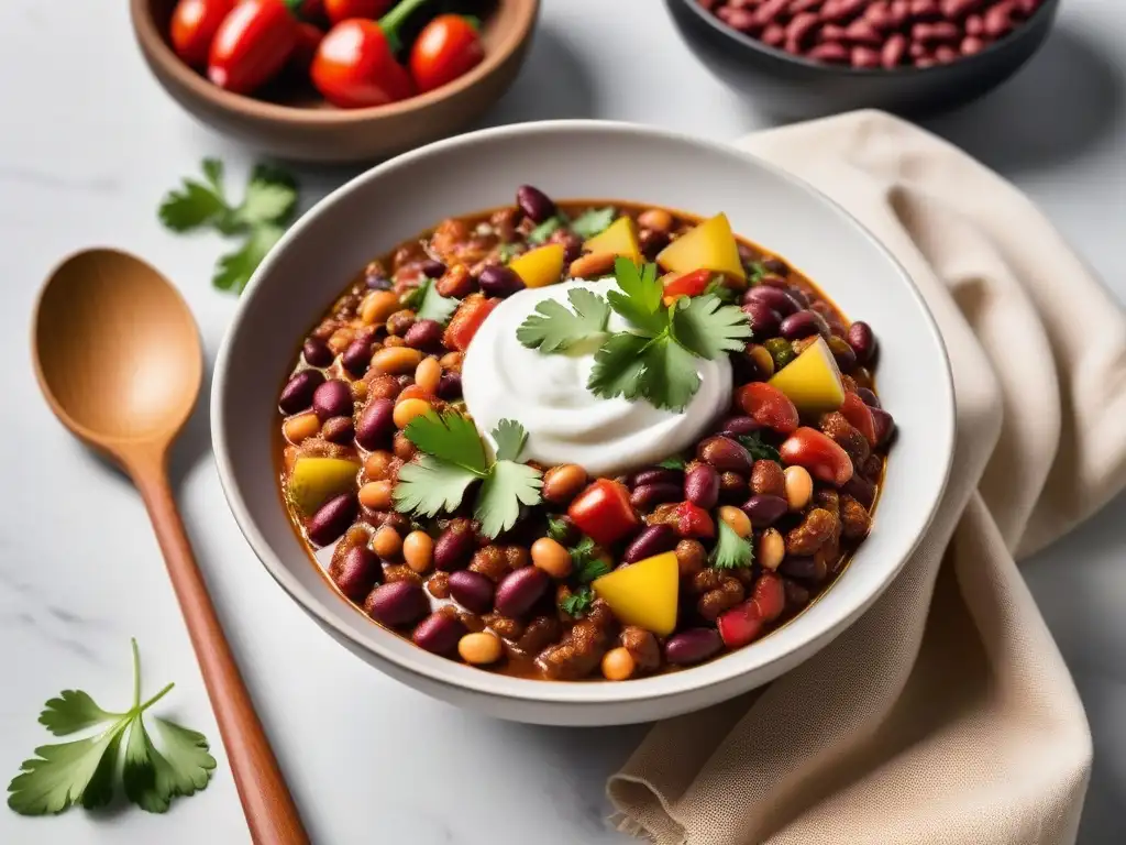 Delicioso chili con carne vegano en un tazón sobre encimera de mármol blanco, rodeado de ingredientes frescos y coloridos