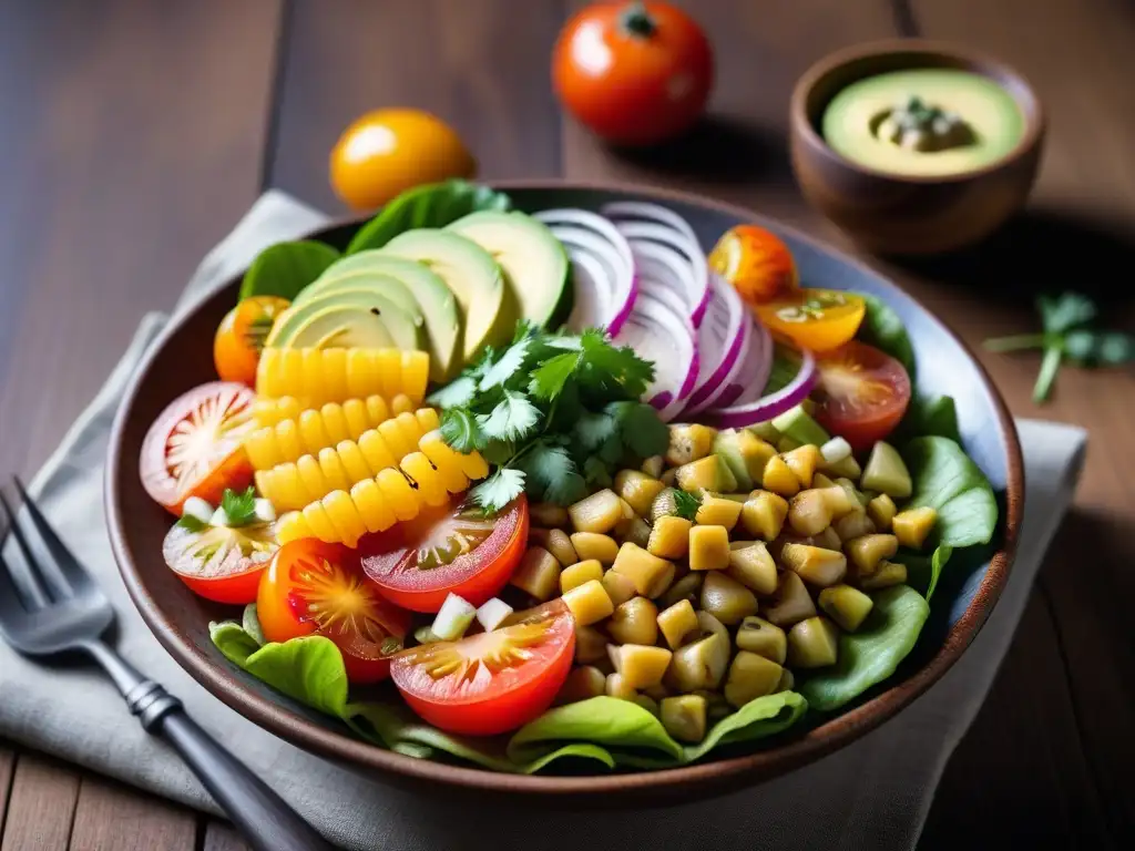 Delicioso ceviche vegano peruano con corazón de palma, aguacate, tomate y cebolla, aderezado con limón y cilantro en taller de cocina vegana peruana