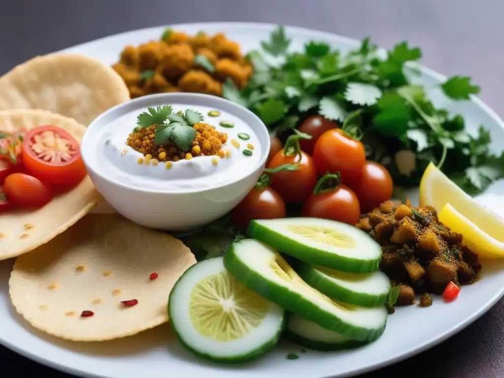 Delicioso chaat vegano auténtico de la India con papdi crujiente, chutney de tamarindo, yogur, verduras frescas y chaat masala, en plato blanco