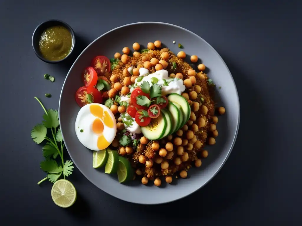 Delicioso Chaat Vegano auténtico India en plato vibrante sobre cerámica negra moderna