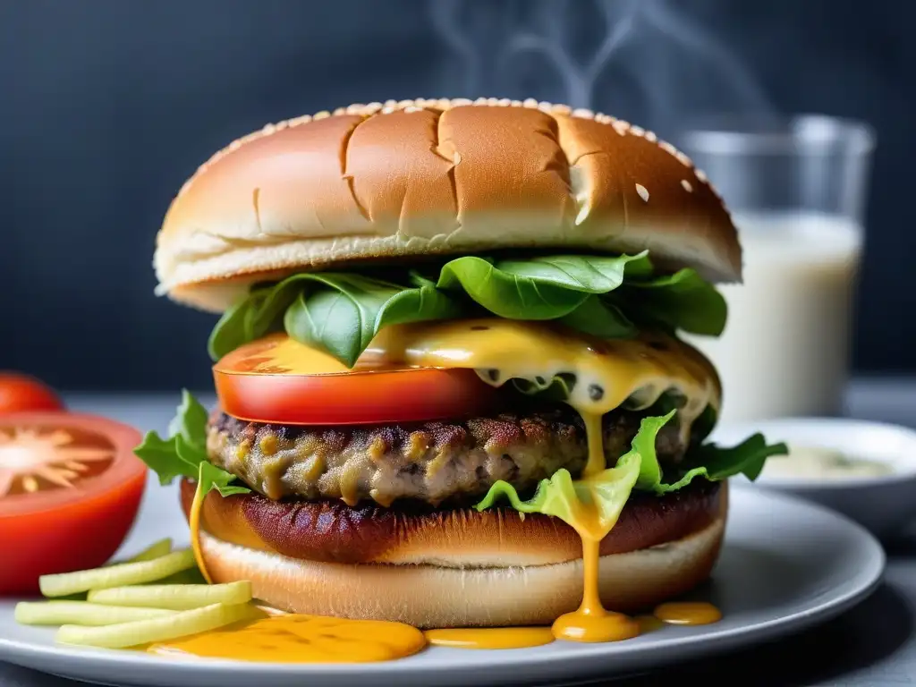 Delicioso cheeseburger vegano con capas de quesos veganos derretidos estirándose entre dos panes tostados