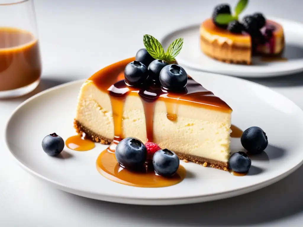 Delicioso cheesecake vegano de lucuma con frutas y caramelo, resaltando los beneficios lucuma postres veganos