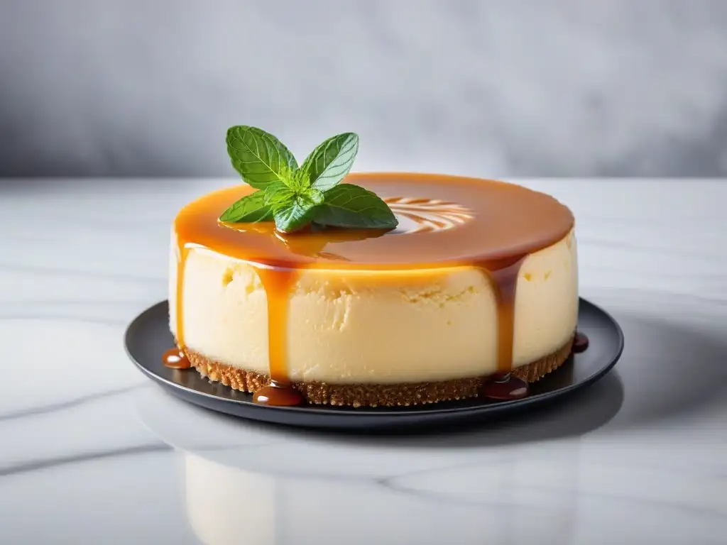 Delicioso cheesecake vegano de lucuma con beneficios, decorado con frutas frescas y salsa de caramelo en encimera de mármol