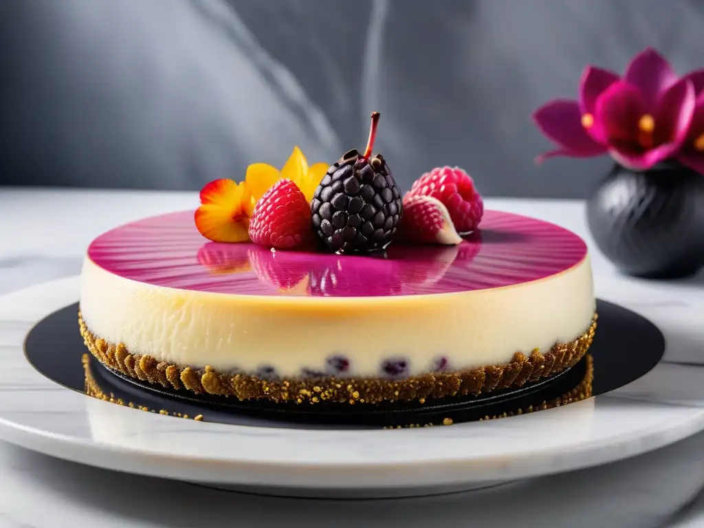 Delicioso cheesecake vegano de sabores exóticos con frutas vibrantes y decoración elegante en una presentación impecable