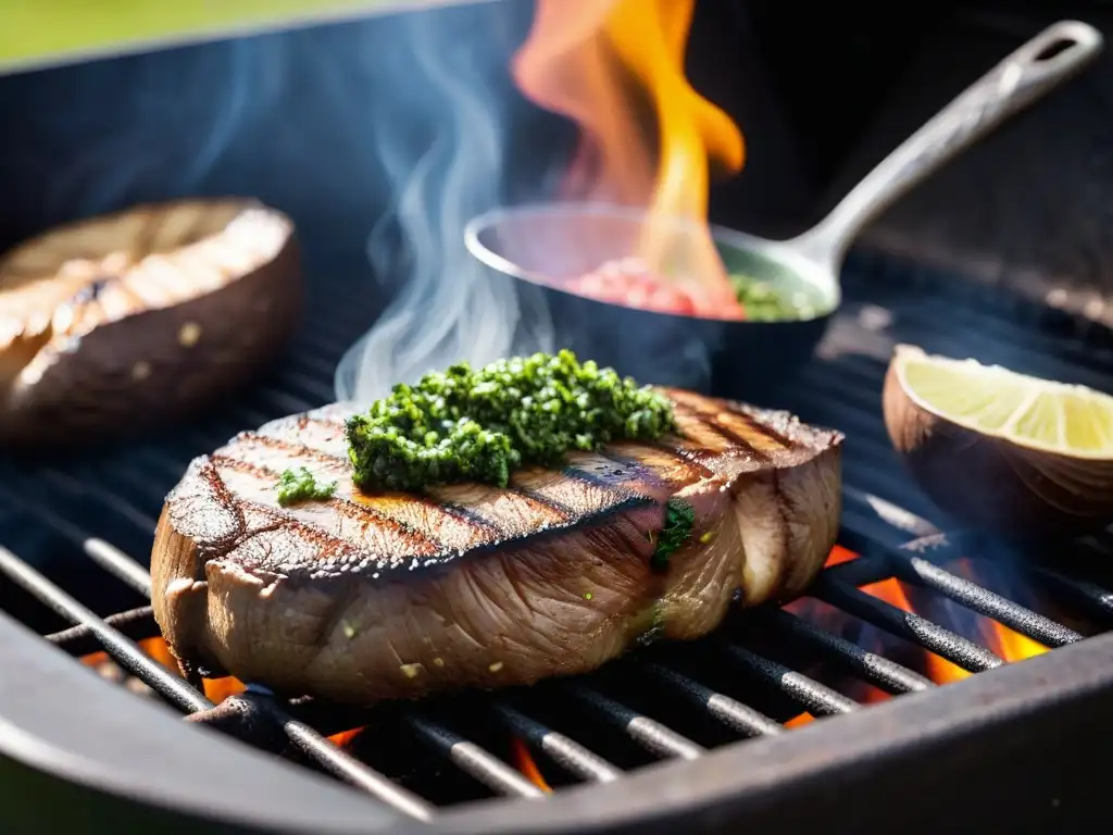 Delicioso chimichurri vegano sobre un filete de portobello en la parrilla, con hierbas aromáticas, receta chimichurri vegano asados