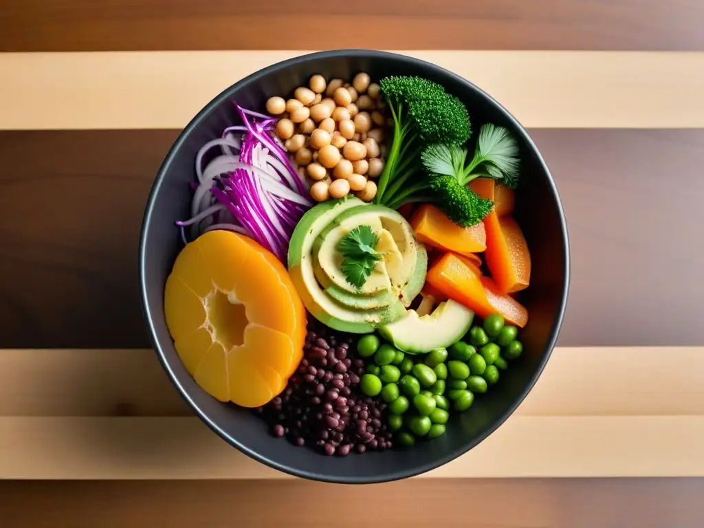 Un delicioso y colorido bowl vegano, lleno de ingredientes frescos y nutritivos, en una presentación vibrante y moderna