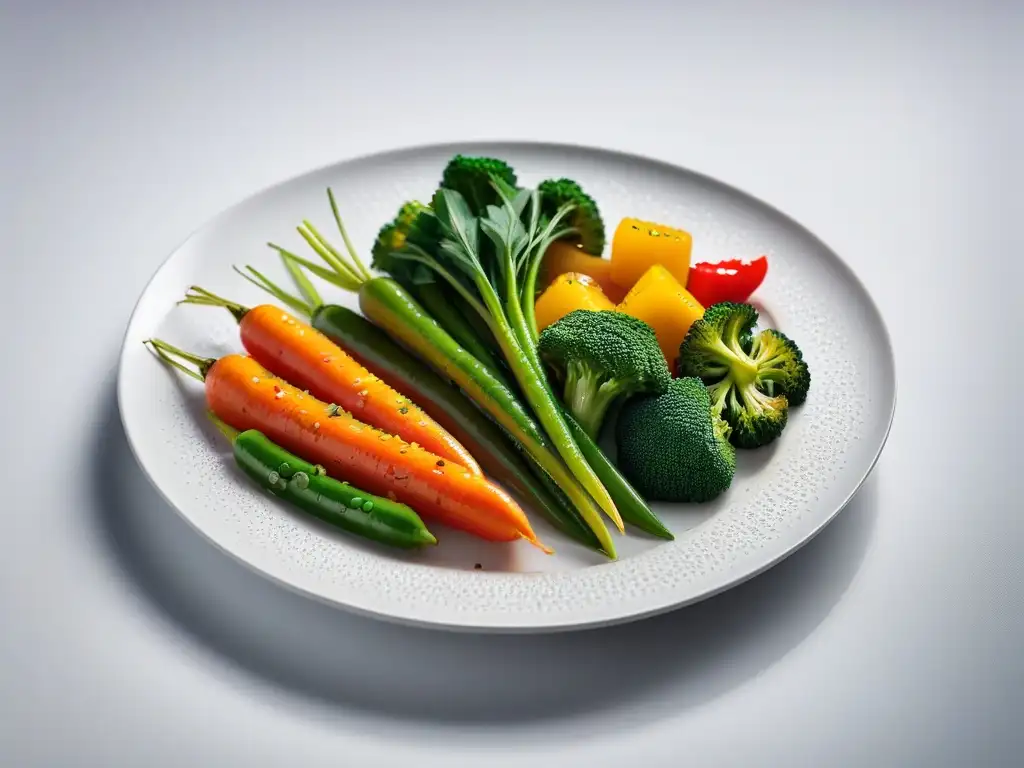 Un delicioso y colorido medley de verduras al vapor, perfectamente cocidas y frescas, en un plato blanco