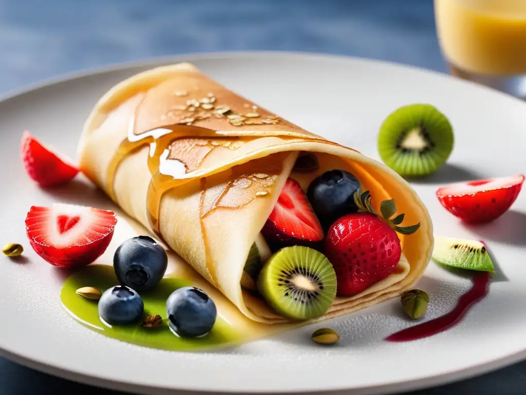 Delicioso crepe vegano con frutas frescas y sirope de agave, listo para saborear