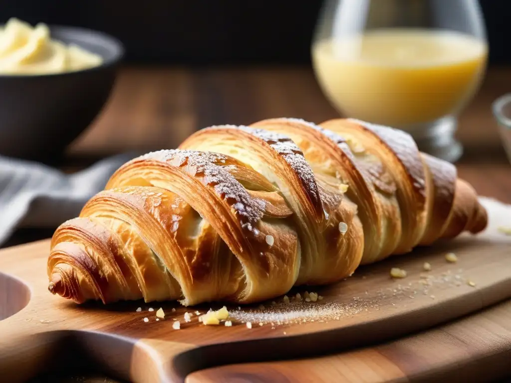 Delicioso croissant vegano dorado y escamoso con mantequilla vegana, en tabla de madera rústica