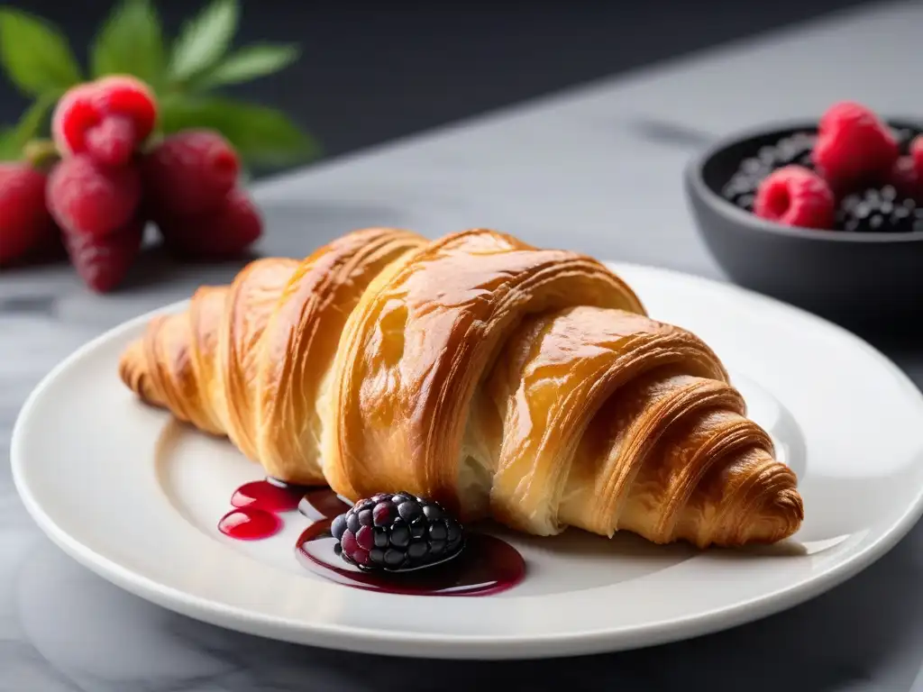 Delicioso croissant vegano dorado en plato minimalista con compota de bayas, en cocina contemporánea