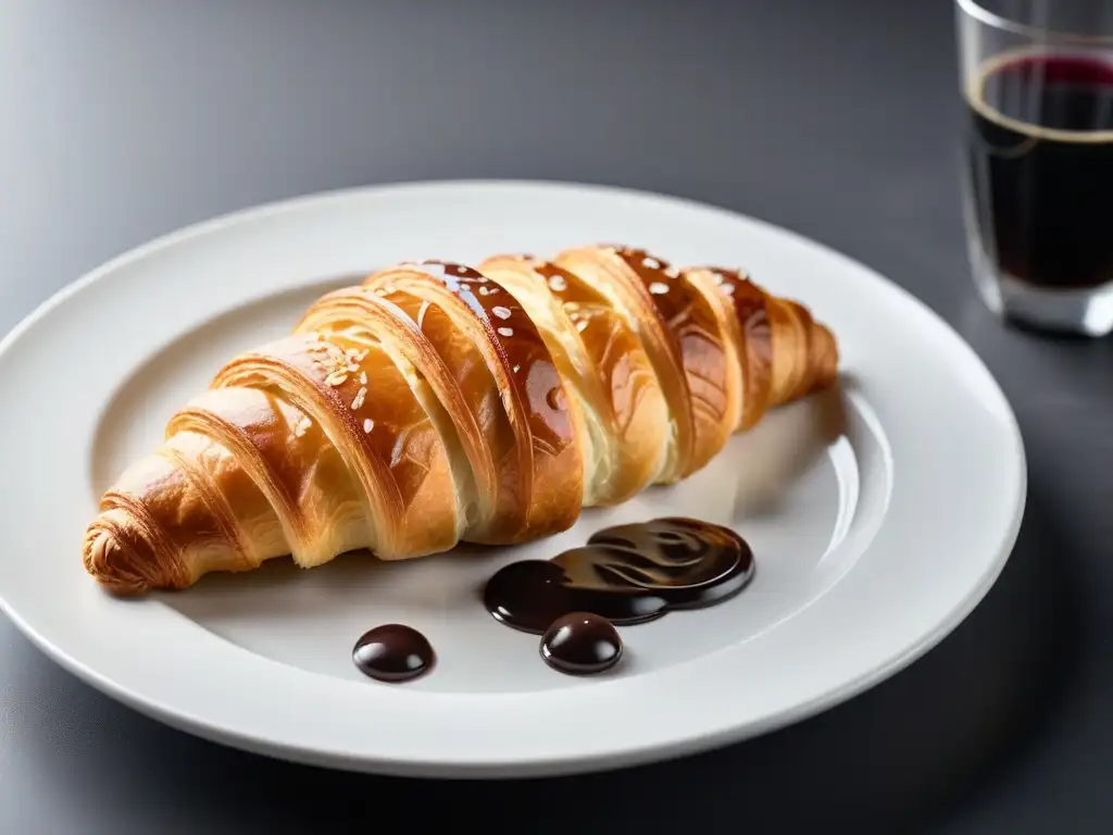 Delicioso croissant vegano dorado con salsa de chocolate en plato blanco