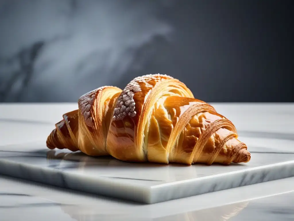 Delicioso croissant vegano dorado y escamoso en una encimera de mármol moderna