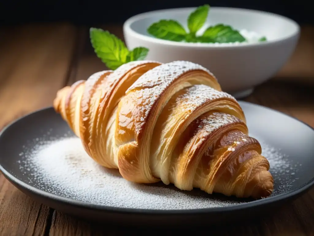 Delicioso croissant vegano sin gluten recién horneado, dorado y escamoso, con azúcar glass