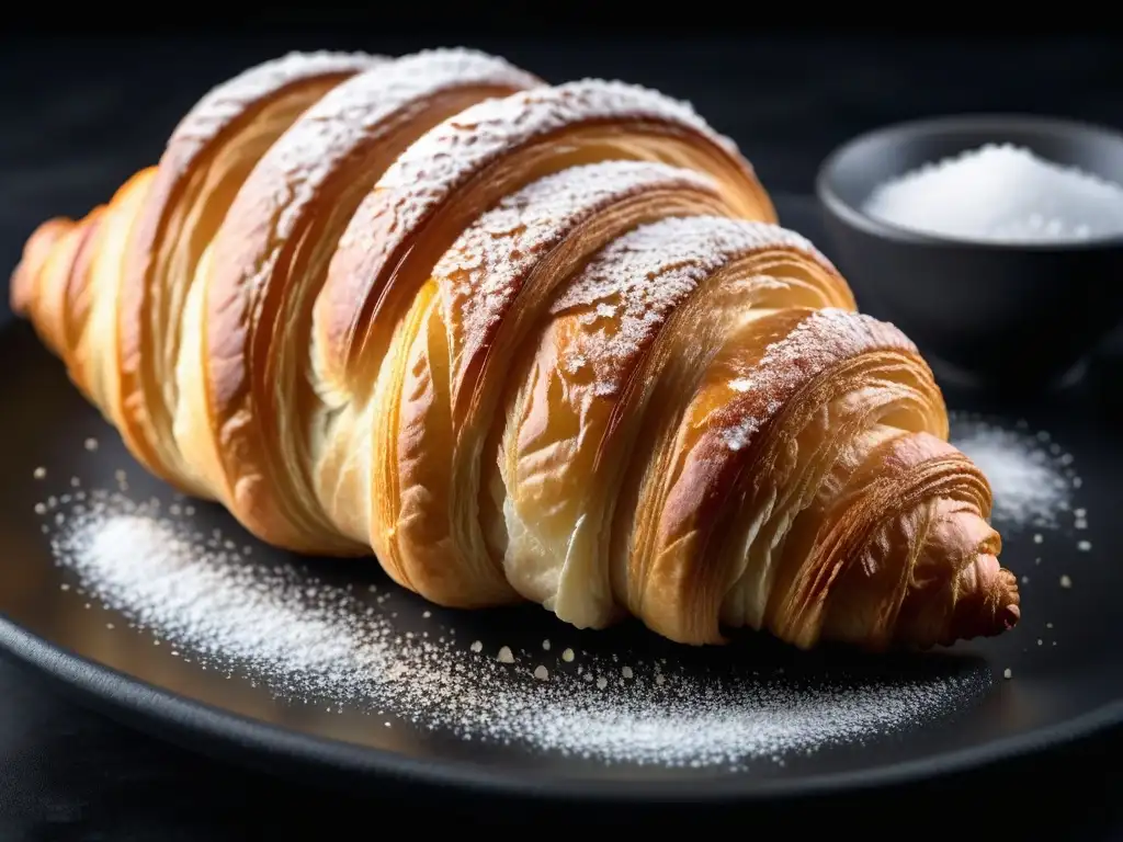 Delicioso croissant vegano sin gluten, dorado y espolvoreado con sal marina y azúcar glass