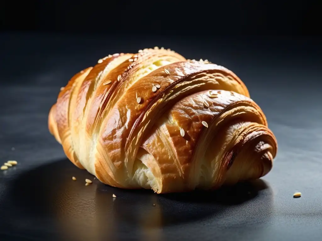 Delicioso croissant vegano recién horneado con capas doradas y mantequilla vegana, sobre mármol con semillas de lino y romero fresco