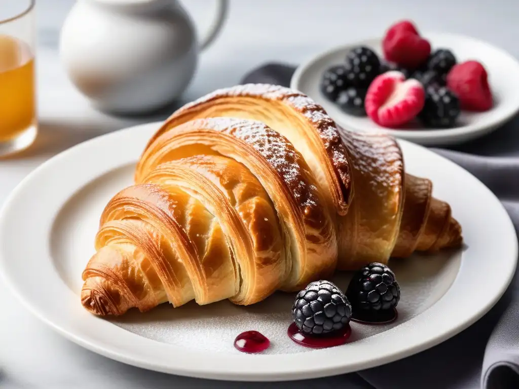 Delicioso croissant vegano recién horneado en plato blanco sobre encimera de mármol, con compota de bayas