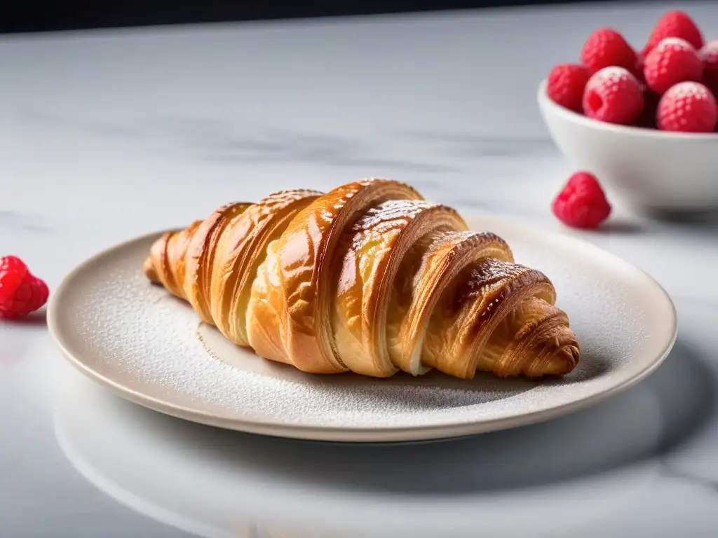 Delicioso croissant vegano recién horneado con frambuesas frescas en plato minimalista