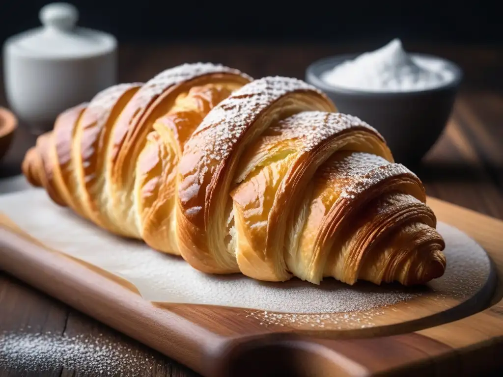 Delicioso croissant vegano sin gluten, recién horneado en tabla rústica de madera